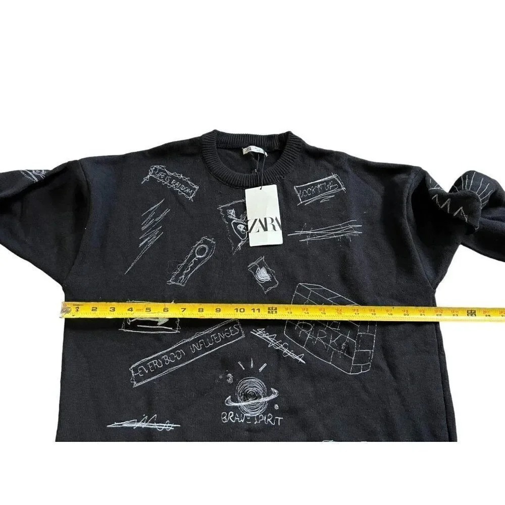 Zara Womens Sweater L Crew Neck Black Graffiti Streetwear 6771/401 NWT